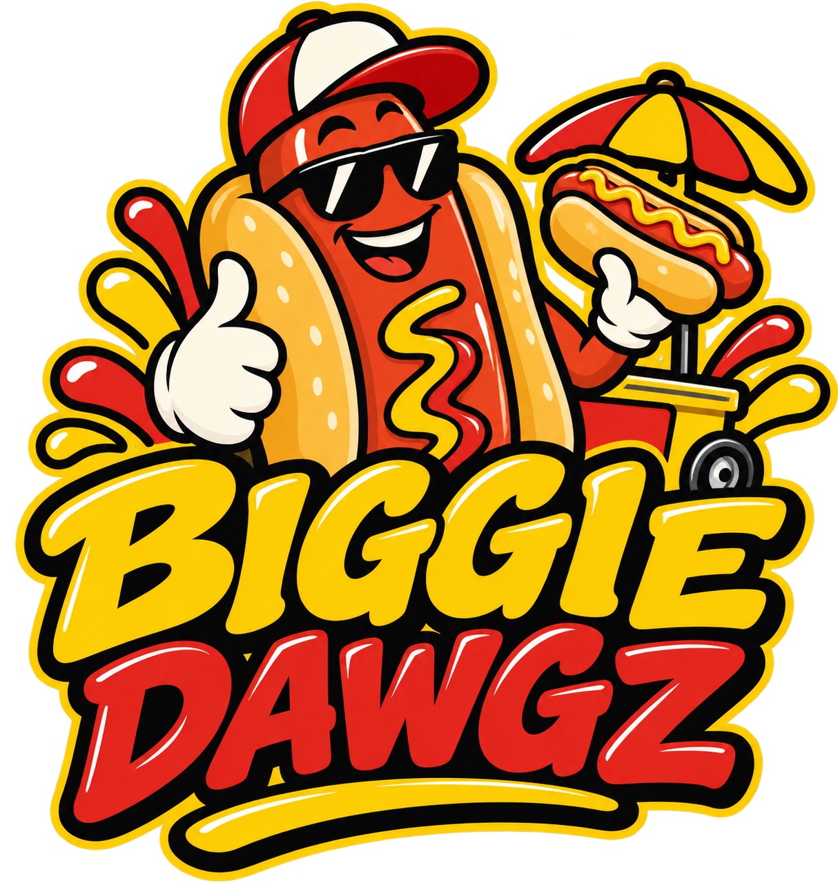 Biggie Dawgz logo: a smiling hotdog in sunglasses and a cap, beside a hotdog cart